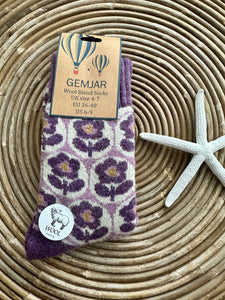 luscious scarves wool socks Gemjar Formally Joya, Women's Thick cream and purple wool blend socks with ribbed cuff and flowers