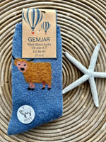 Load image into Gallery viewer, luscious scarves wool socks Gemjar Formally Joya, Women&#39;s Thick wool blend blue socks with fluffy Highland Cows
