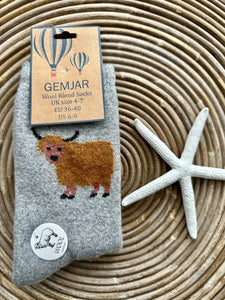 luscious scarves wool socks Gemjar Formally Joya, Women's Thick wool blend grey socks with fluffy Highland Cows