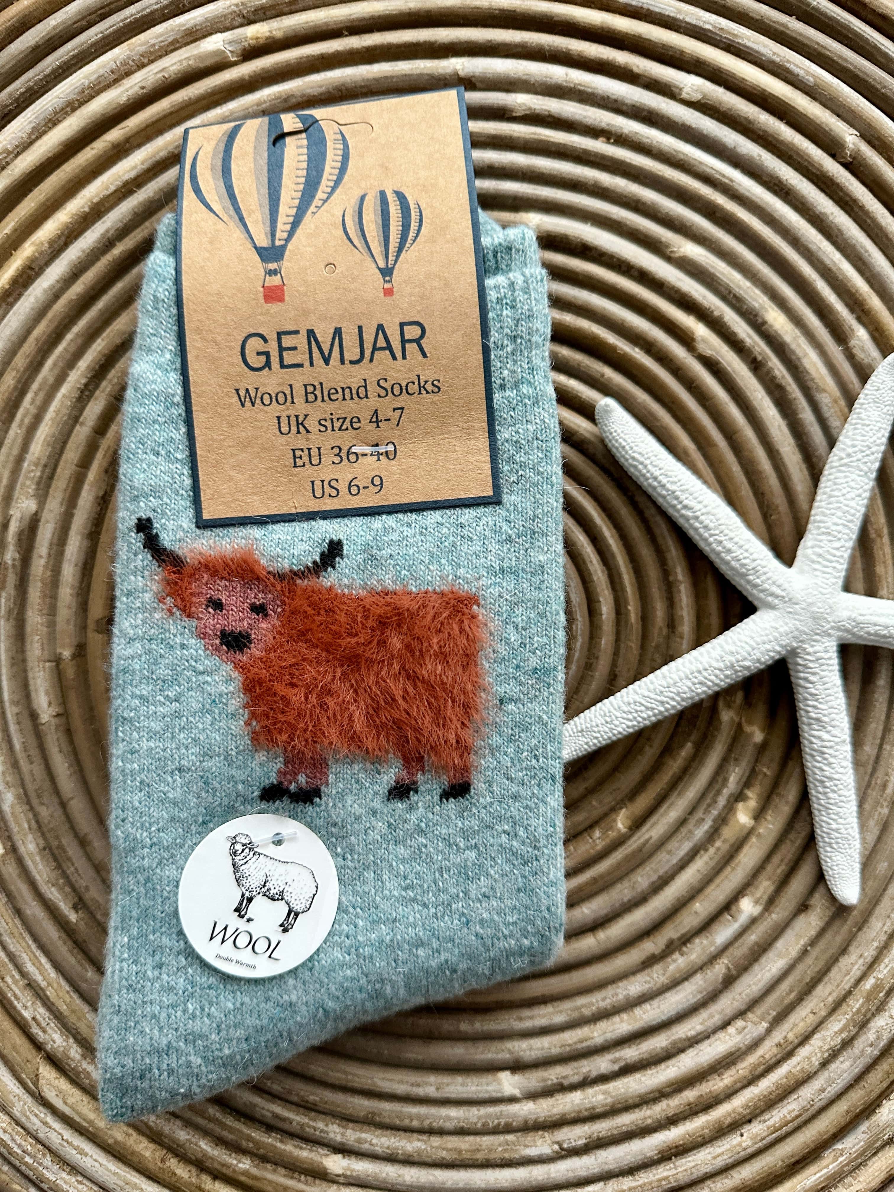 luscious scarves wool socks Gemjar Formally Joya, Women's Thick wool blend light blue socks with fluffy Highland Cows