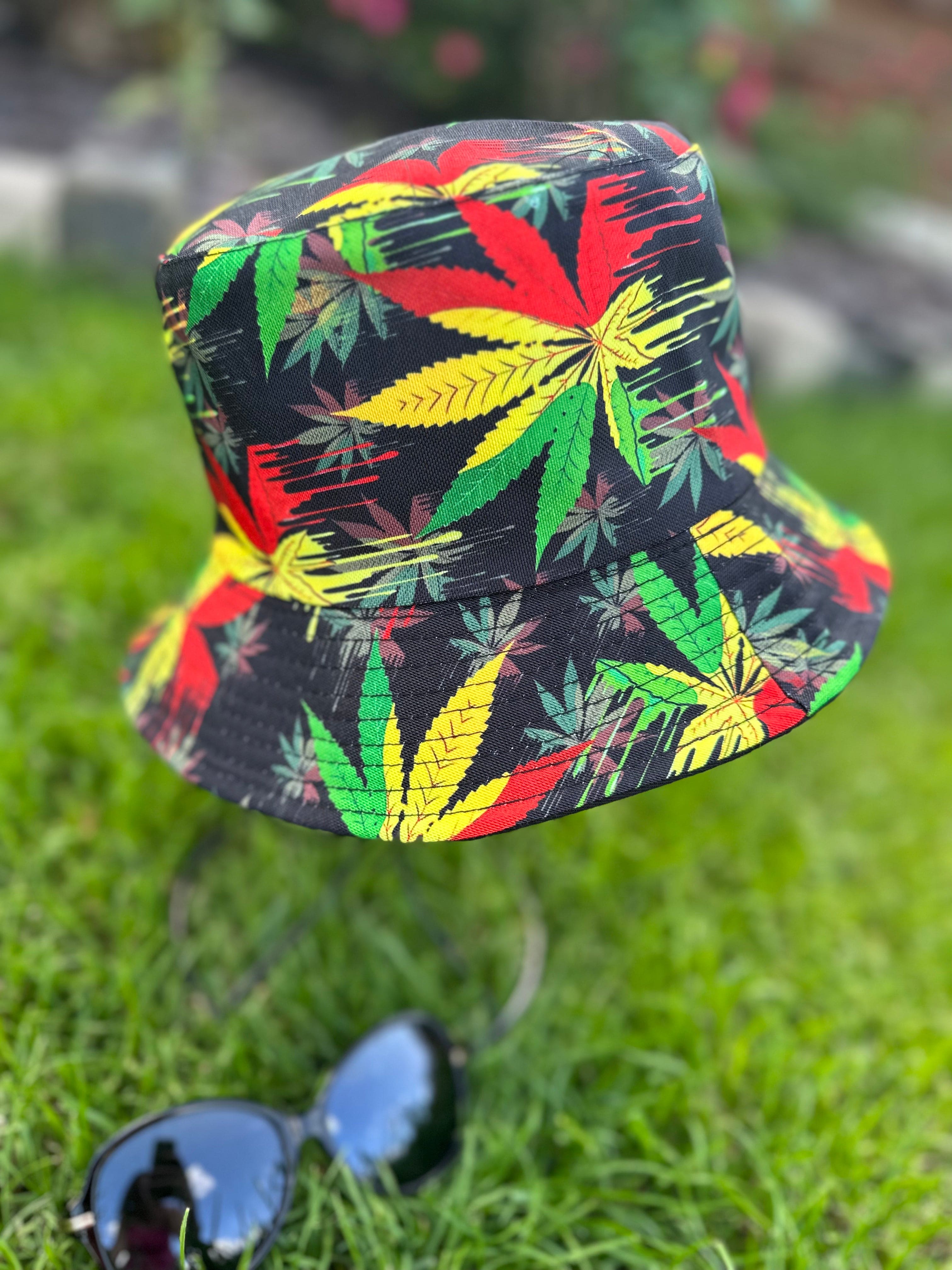 lusciousscarves African Colours Reversible Bucket Hat with Hemp Leaf Design
