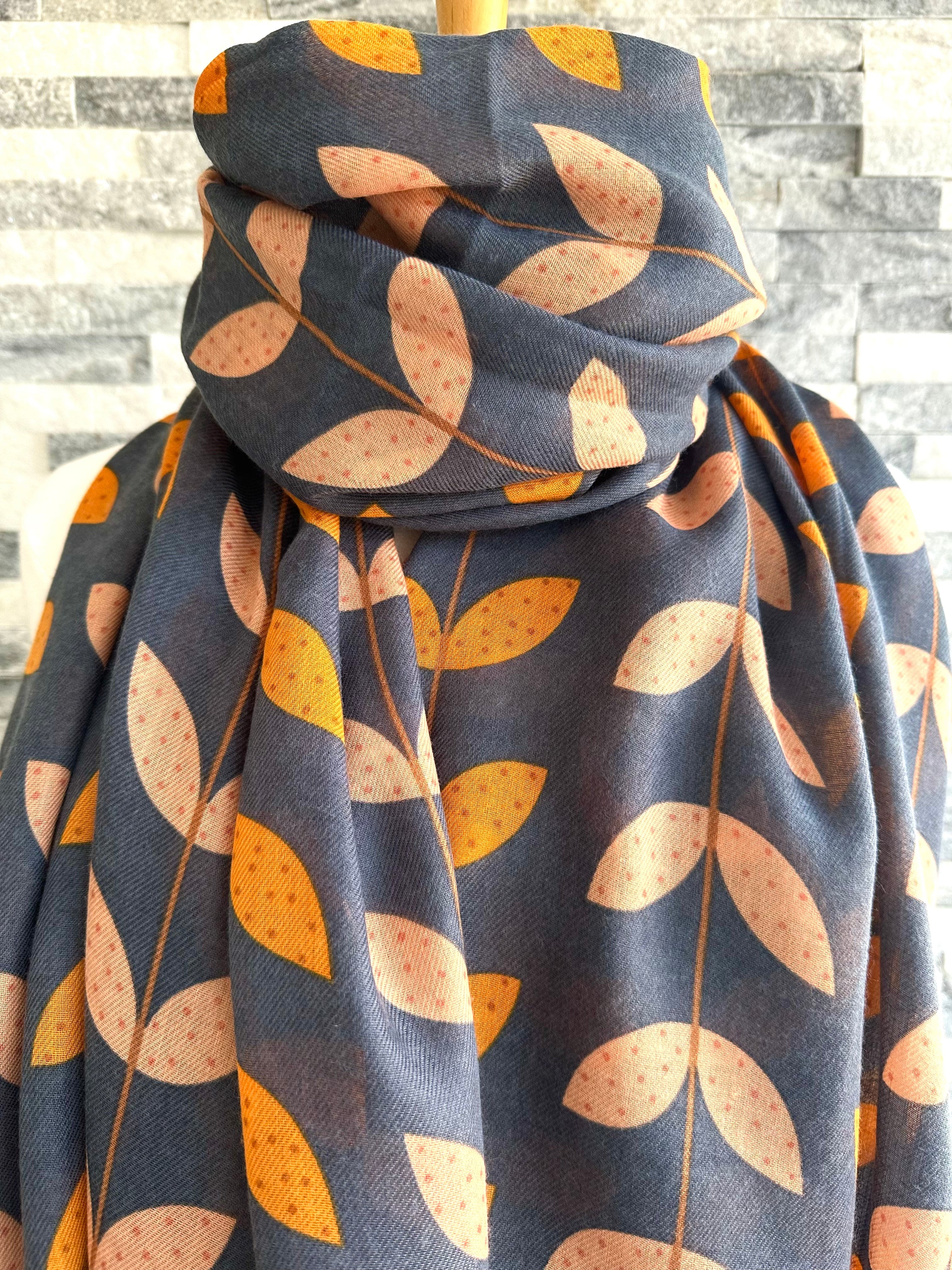 lusciousscarves Apparel & Accessories Dusky Blue Scarf with a Orange and Pink Leaves Design.
