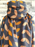 Load image into Gallery viewer, lusciousscarves Apparel &amp; Accessories Dusky Blue Scarf with a Orange and Pink Leaves Design.
