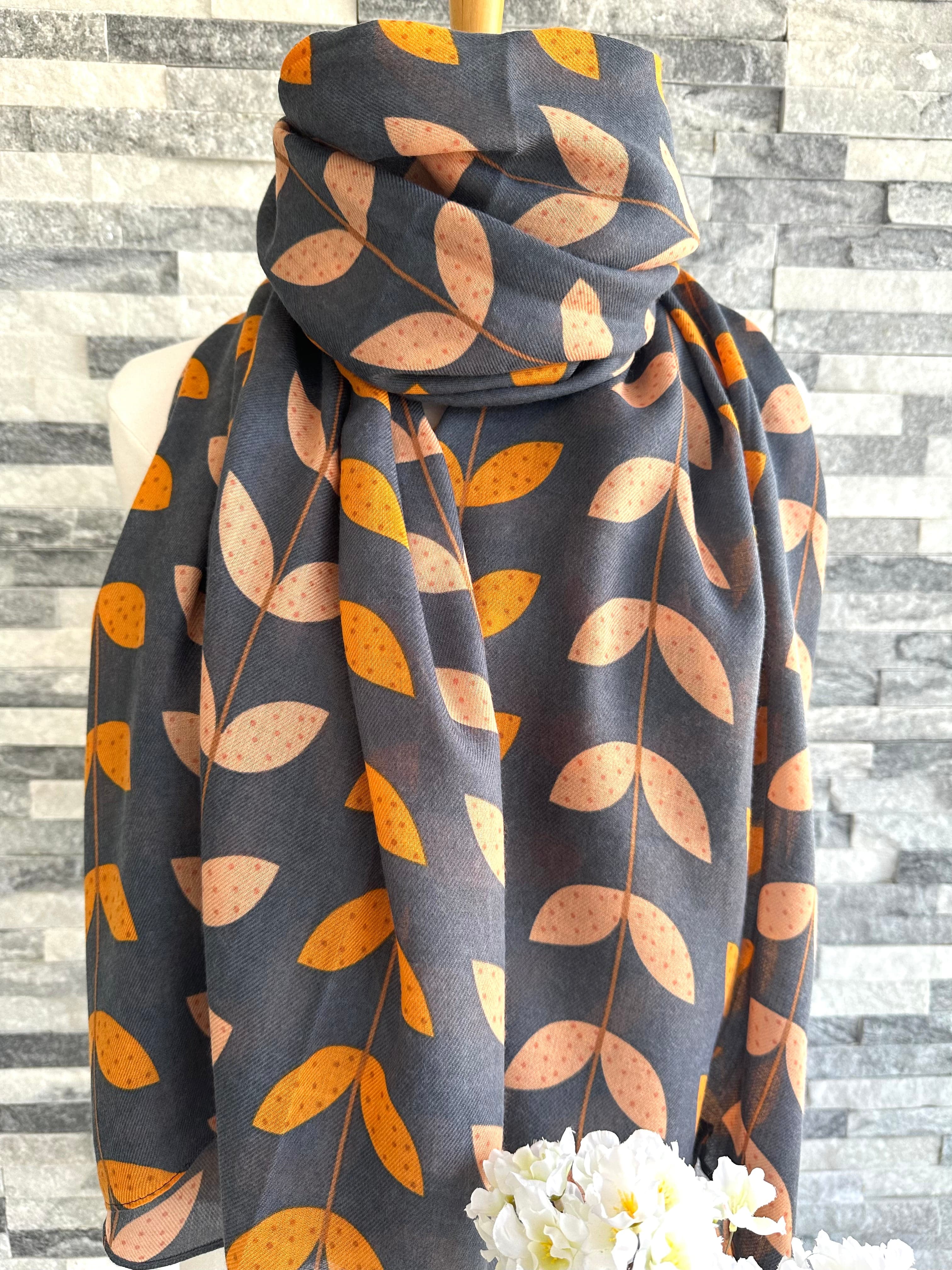 lusciousscarves Apparel & Accessories Dusky Blue Scarf with a Orange and Pink Leaves Design.