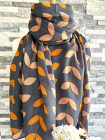 Load image into Gallery viewer, lusciousscarves Apparel &amp; Accessories Dusky Blue Scarf with a Orange and Pink Leaves Design.
