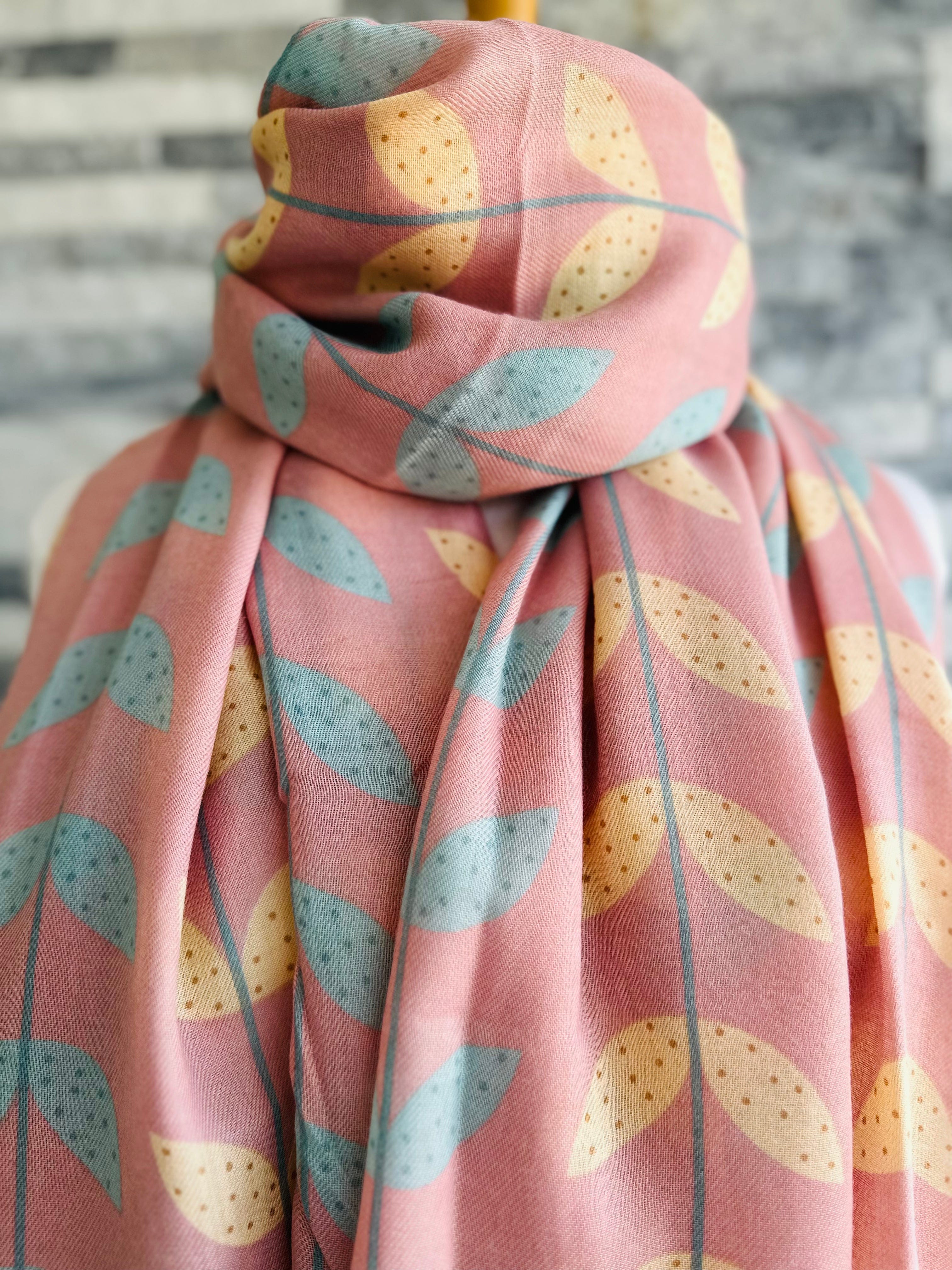 lusciousscarves Apparel & Accessories Dusky Pink Scarf with a Duck Egg Leaves Design