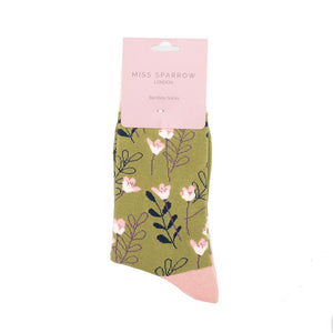 lusciousscarves Apparel & Accessories Ladies Bamboo Socks , Wild Flowers Design Miss Sparrow Green