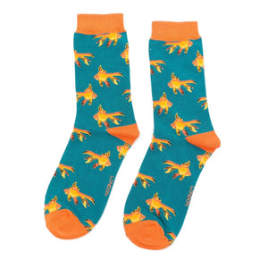 lusciousscarves Apparel & Accessories Ladies Goldfish Design Bamboo Socks, Teal Miss Sparrow.