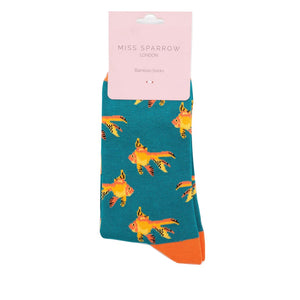 lusciousscarves Apparel & Accessories Ladies Goldfish Design Bamboo Socks, Teal Miss Sparrow.