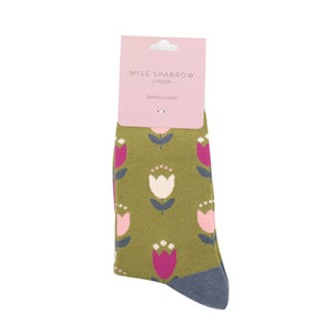 lusciousscarves Apparel & Accessories Ladies Tulips Design Bamboo Socks, Miss Sparrow Green