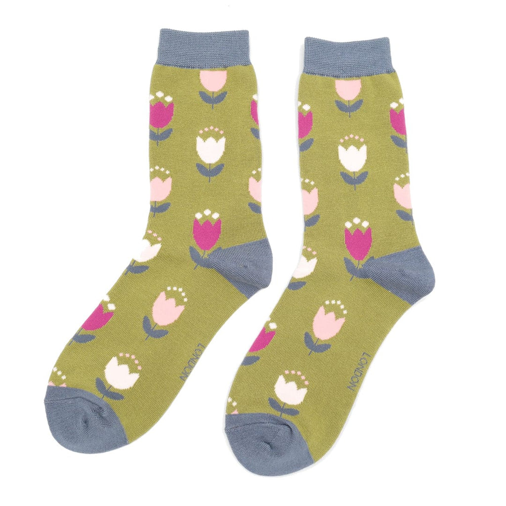 lusciousscarves Apparel & Accessories Ladies Tulips Design Bamboo Socks, Miss Sparrow Green