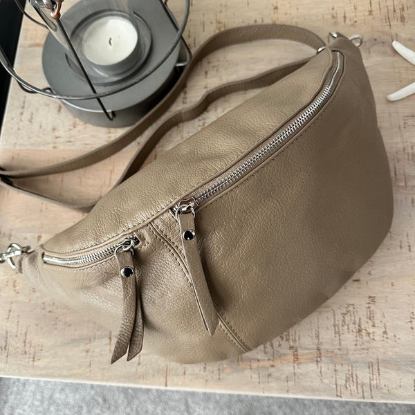 Beige Taupe Genuine Italian Leather Sling Bag Chest Bag