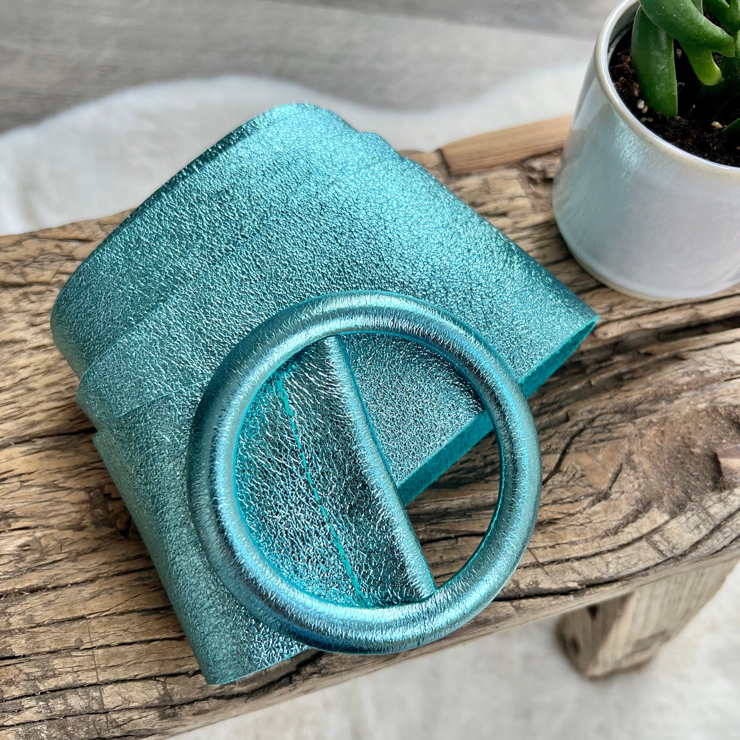 lusciousscarves Belts Turquoise Ladies Metallic Leather Circle Buckle Belt