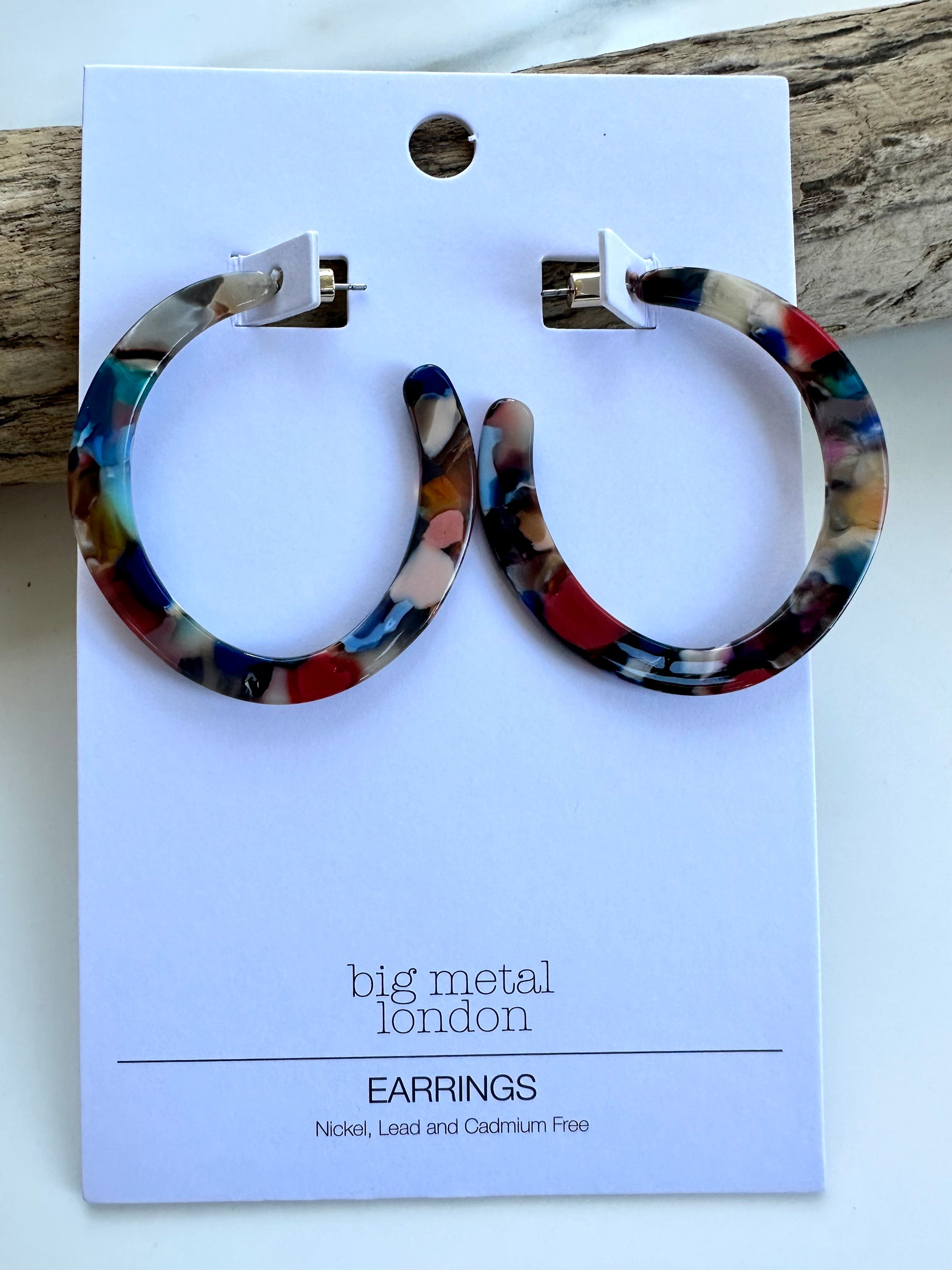 lusciousscarves Big Metal London Large Resin Oval Hoop Earrings, Reds and Blues