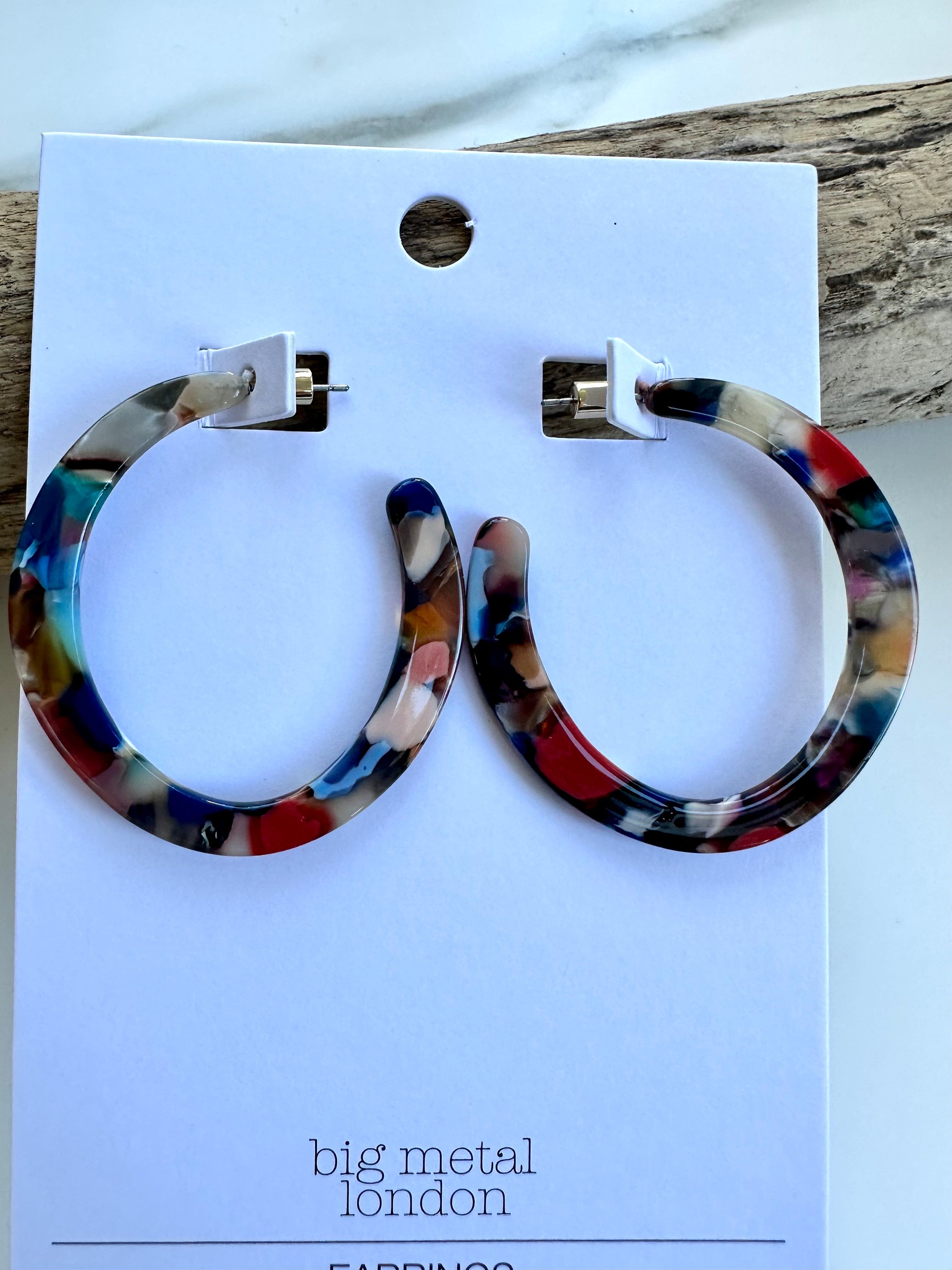 lusciousscarves Big Metal London Large Resin Oval Hoop Earrings, Reds and Blues
