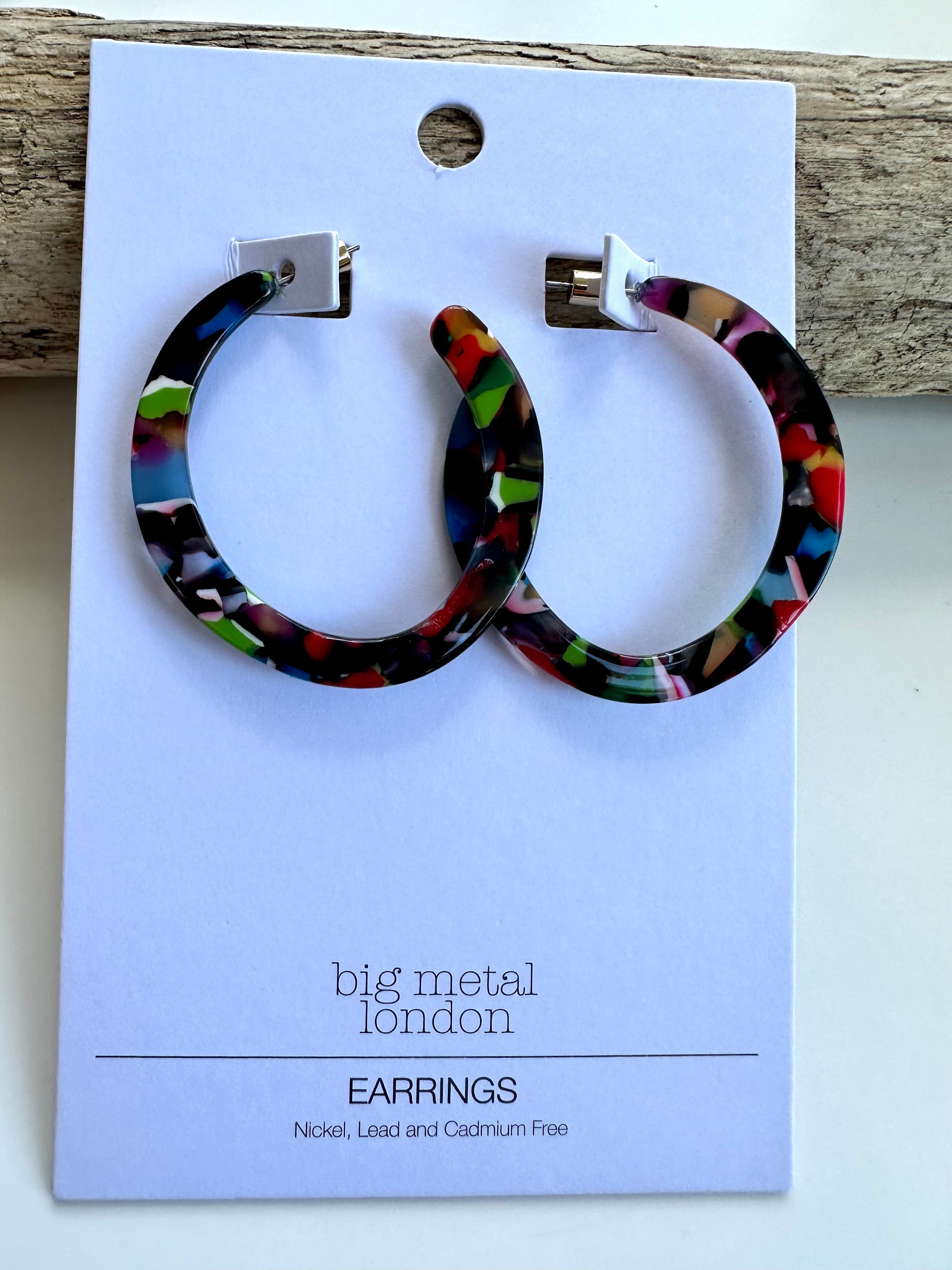 lusciousscarves Big Metal London Large Resin Oval Hoop Earrings, Vibrant Reds, Blues and Greens
