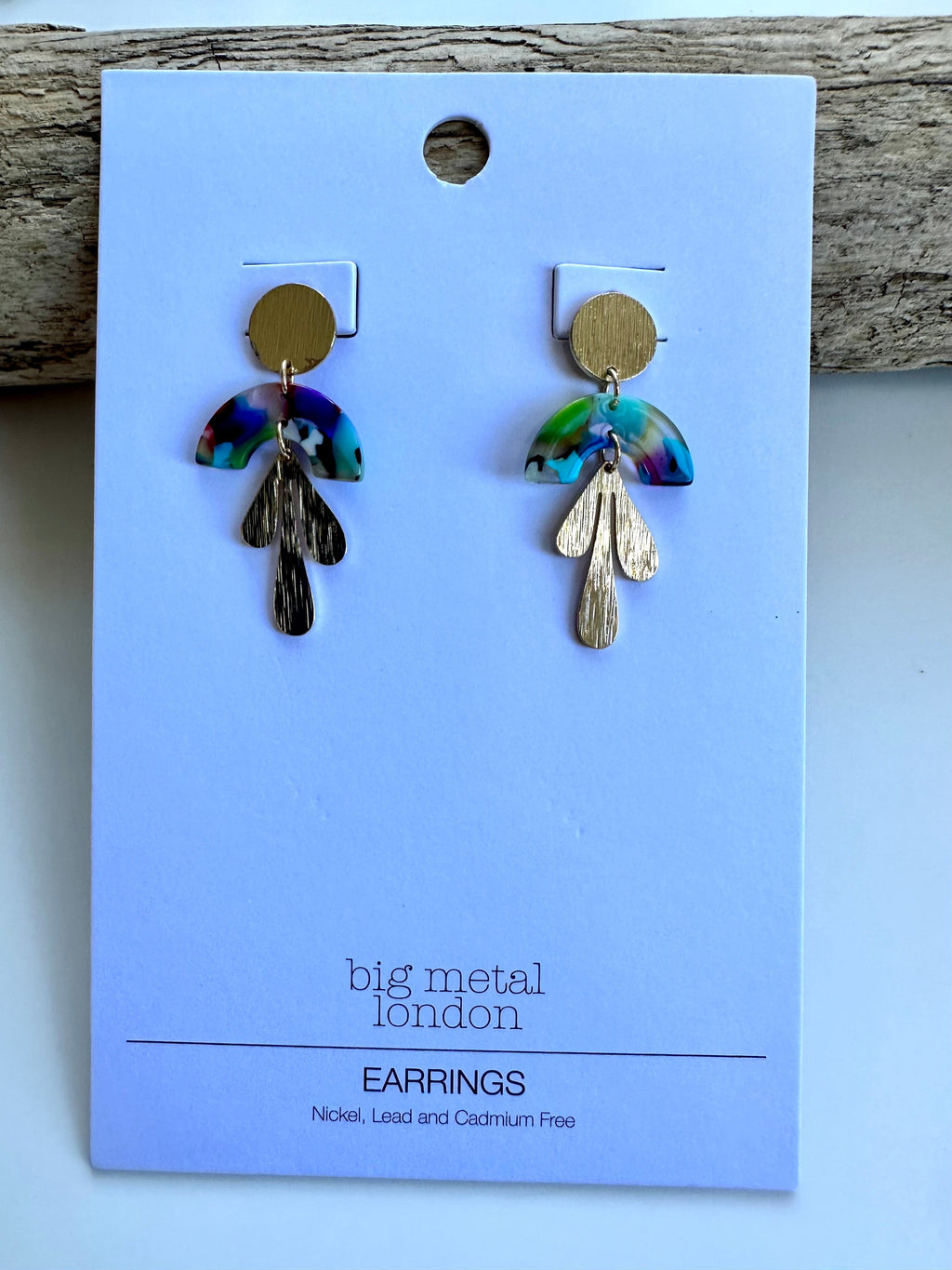 lusciousscarves Big Metal London Metal and Resin Floral Stud Earrings, Blue and Brown.