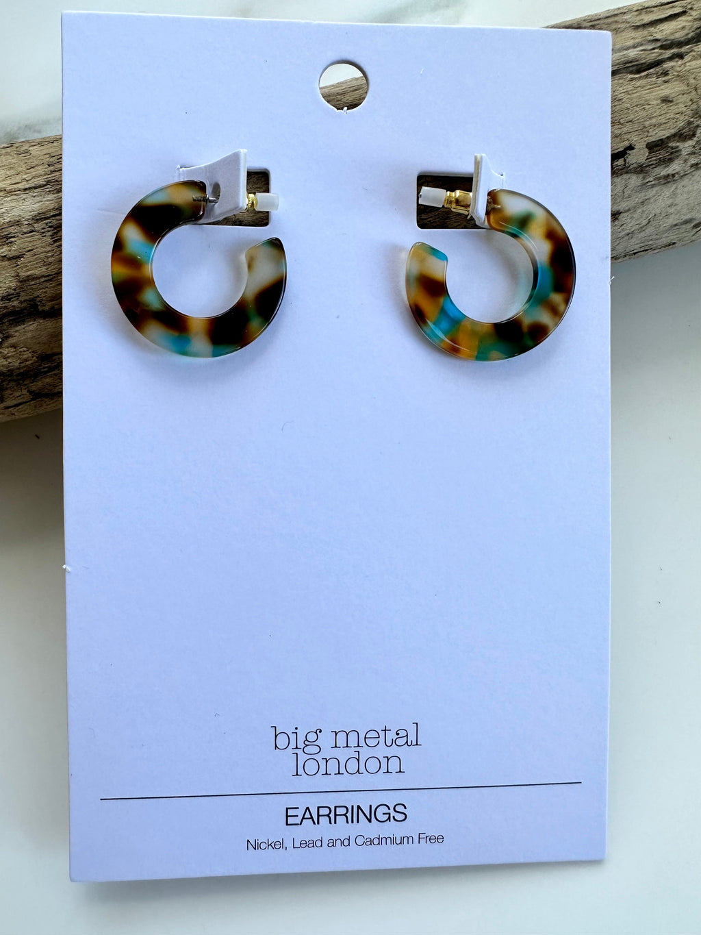 lusciousscarves Big Metal London Small Resin Hoop Earrings, Brown and Turquoise.
