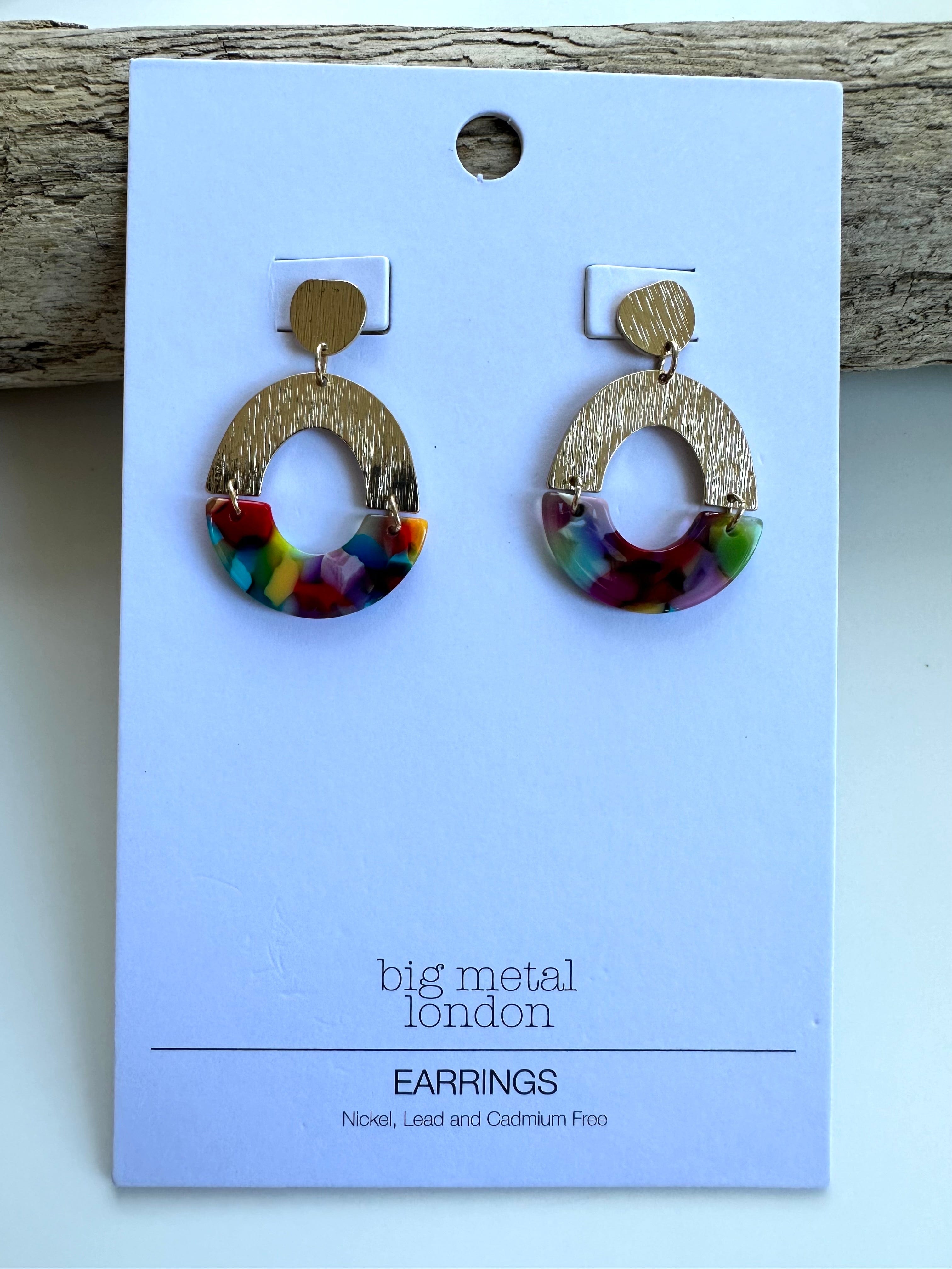lusciousscarves Big Metal London Statement Resin and Metal Earrings.  Rainbow Colours.