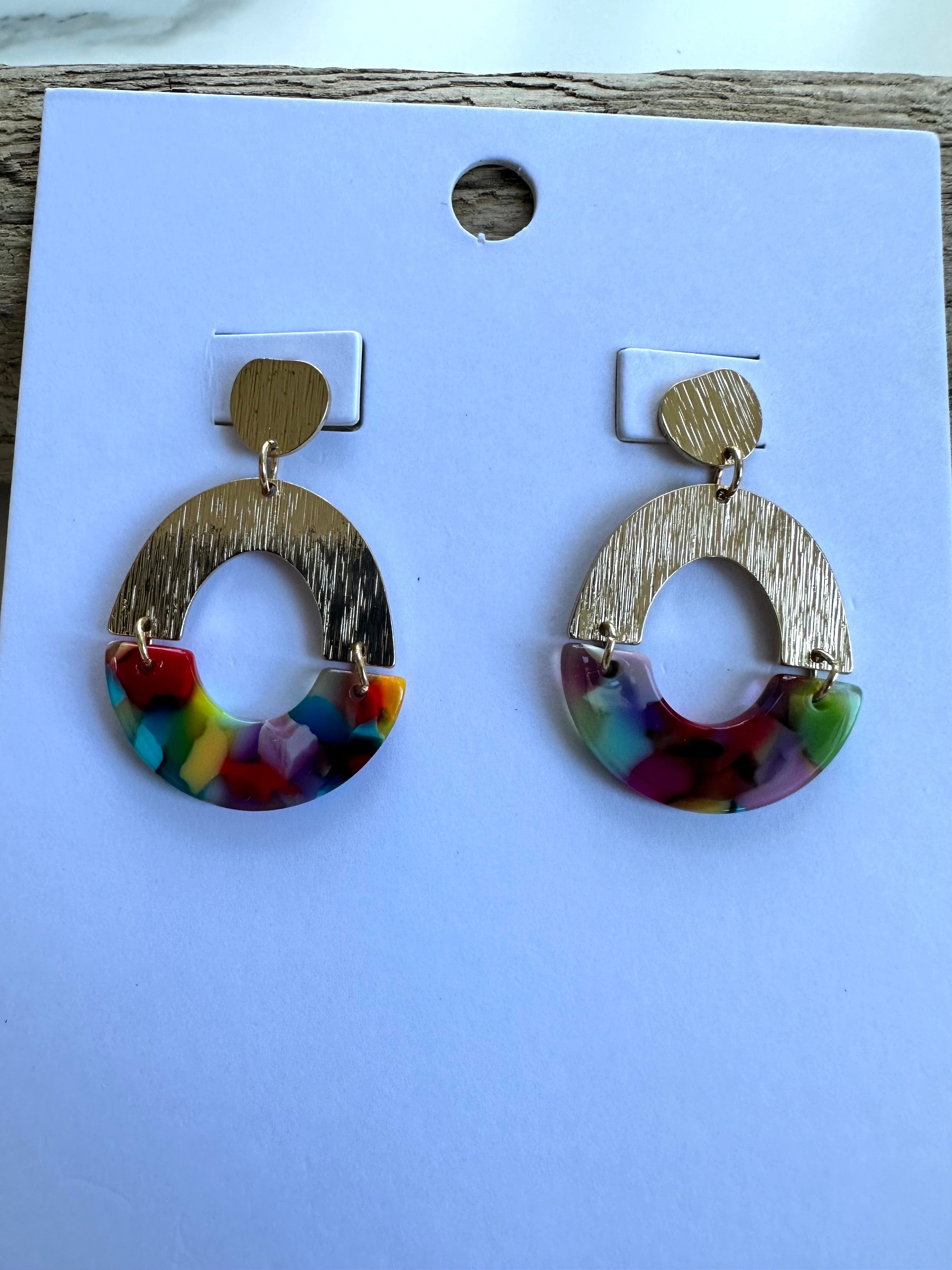 lusciousscarves Big Metal London Statement Resin and Metal Earrings.  Rainbow Colours.