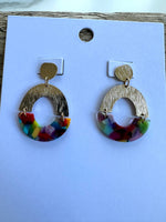 Load image into Gallery viewer, lusciousscarves Big Metal London Statement Resin and Metal Earrings.  Rainbow Colours.
