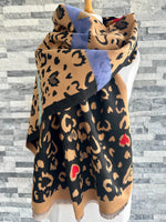 Load image into Gallery viewer, lusciousscarves Black and Brown Animal Print and Hearts Design Scarf / Wrap
