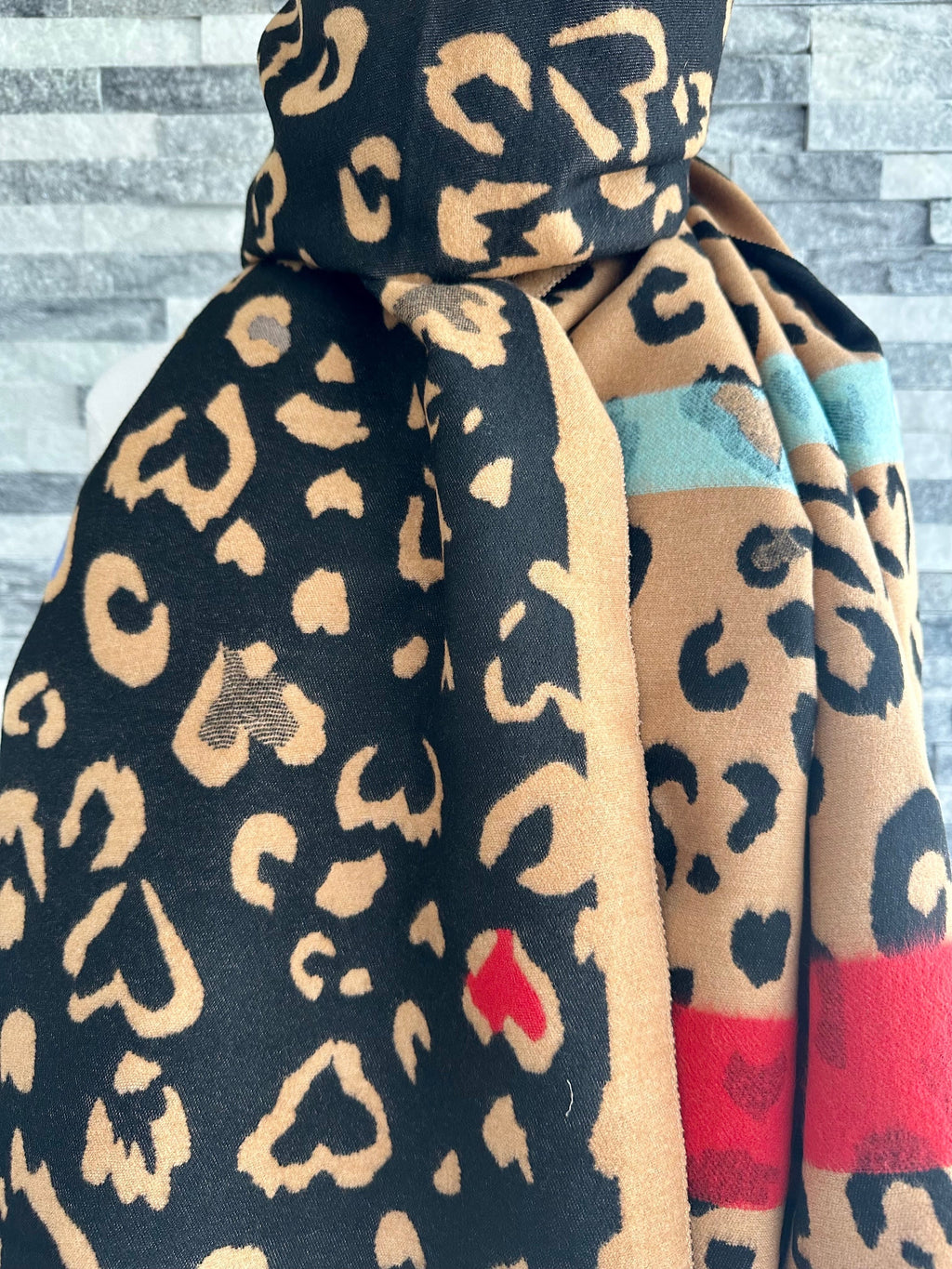 lusciousscarves Black and Brown Animal Print and Hearts Design Scarf / Wrap