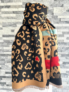 lusciousscarves Black and Brown Animal Print and Hearts Design Scarf / Wrap