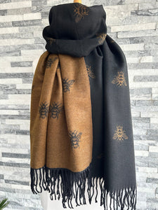 lusciousscarves Black and Brown Reversible Bee Scarf / Wrap , Wool Blend