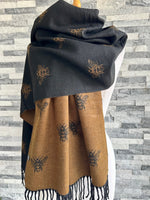 Load image into Gallery viewer, lusciousscarves Black and Brown Reversible Bee Scarf / Wrap , Wool Blend
