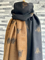 Load image into Gallery viewer, lusciousscarves Black and Brown Reversible Bee Scarf / Wrap , Wool Blend
