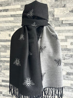 Load image into Gallery viewer, lusciousscarves Black and Grey Reversible Bees Scarf / Wrap , Cashmere Blend
