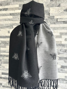 lusciousscarves Black and Grey Reversible Bees Scarf / Wrap , Cashmere Blend
