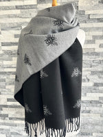 Load image into Gallery viewer, lusciousscarves Black and Grey Reversible Bees Scarf / Wrap , Cashmere Blend
