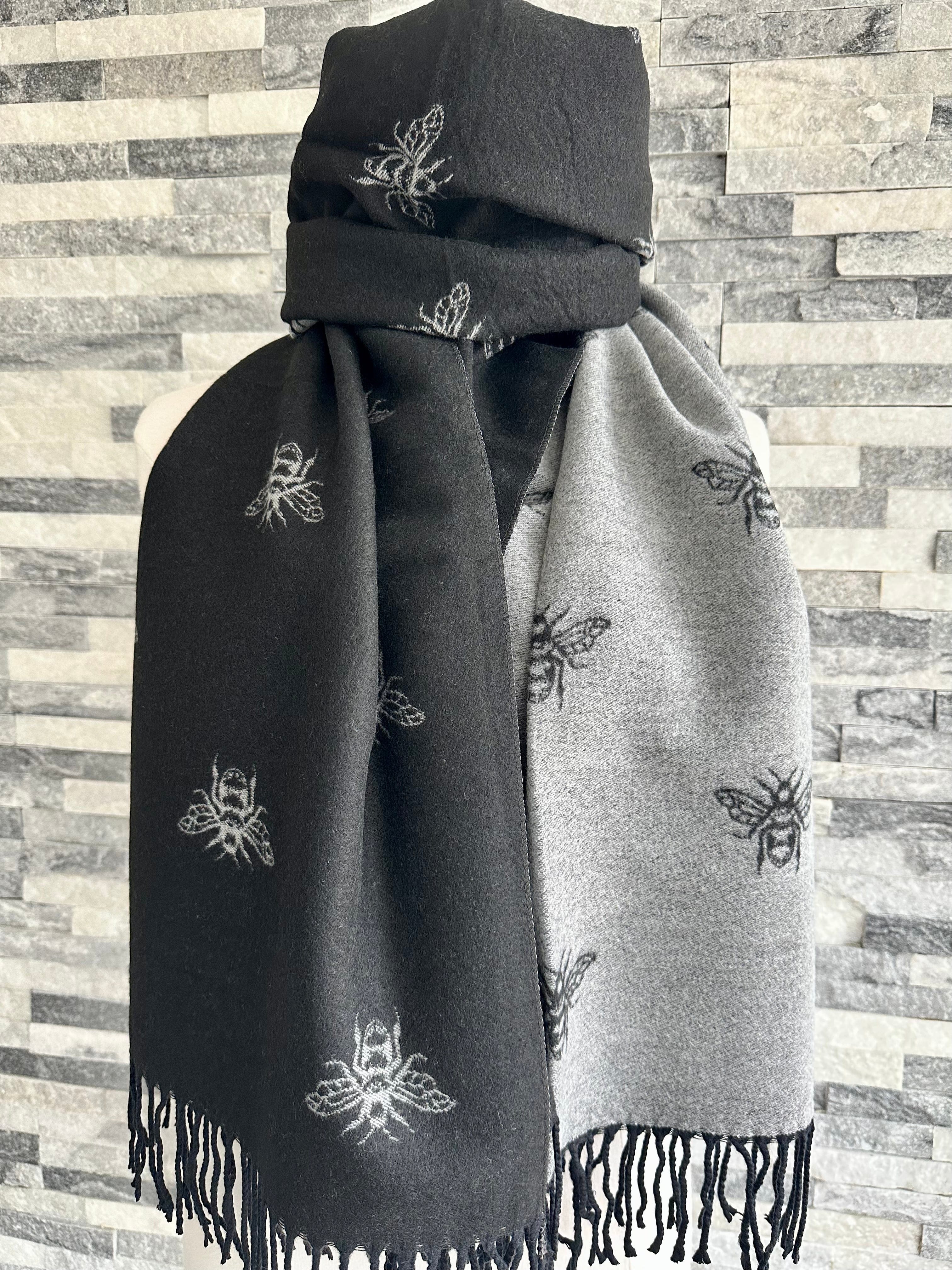 lusciousscarves Black and Grey Reversible Bees Scarf / Wrap , Cashmere Blend