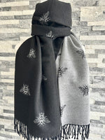 Load image into Gallery viewer, lusciousscarves Black and Grey Reversible Bees Scarf / Wrap , Cashmere Blend
