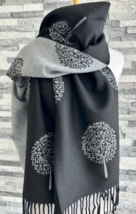 lusciousscarves Black and Grey Reversible Mulberry Tree Scarf / Wrap, Cashmere Blend