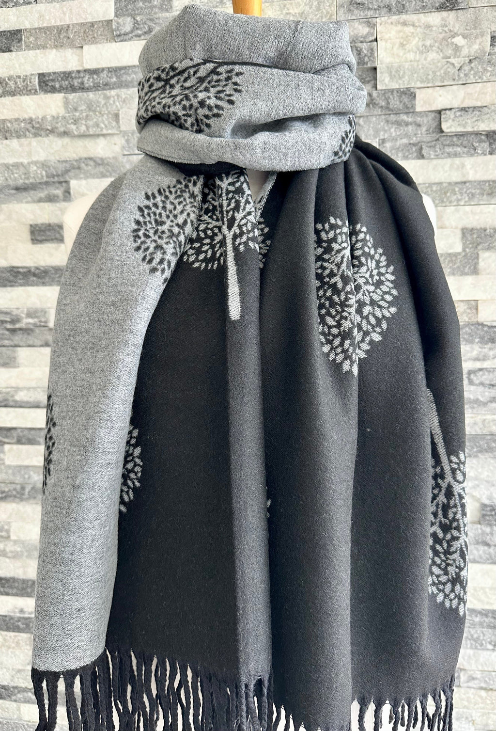 lusciousscarves Black and Grey Reversible Mulberry Tree Scarf / Wrap, Cashmere Blend