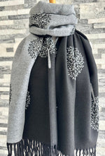 Load image into Gallery viewer, lusciousscarves Black and Grey Reversible Mulberry Tree Scarf / Wrap, Cashmere Blend
