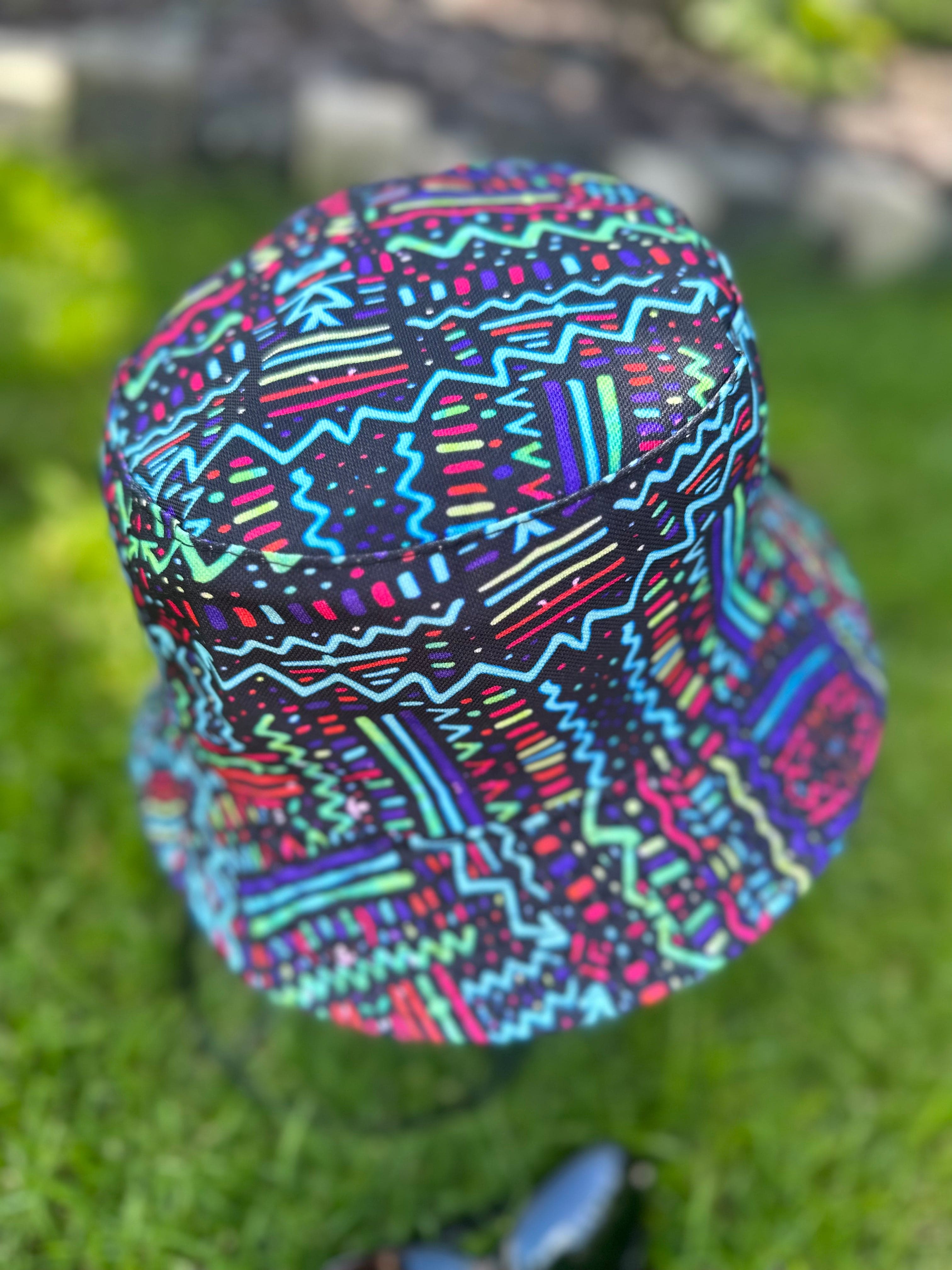 lusciousscarves Black Bucket Hat with Multicoloured Zig Zag and Lines Design