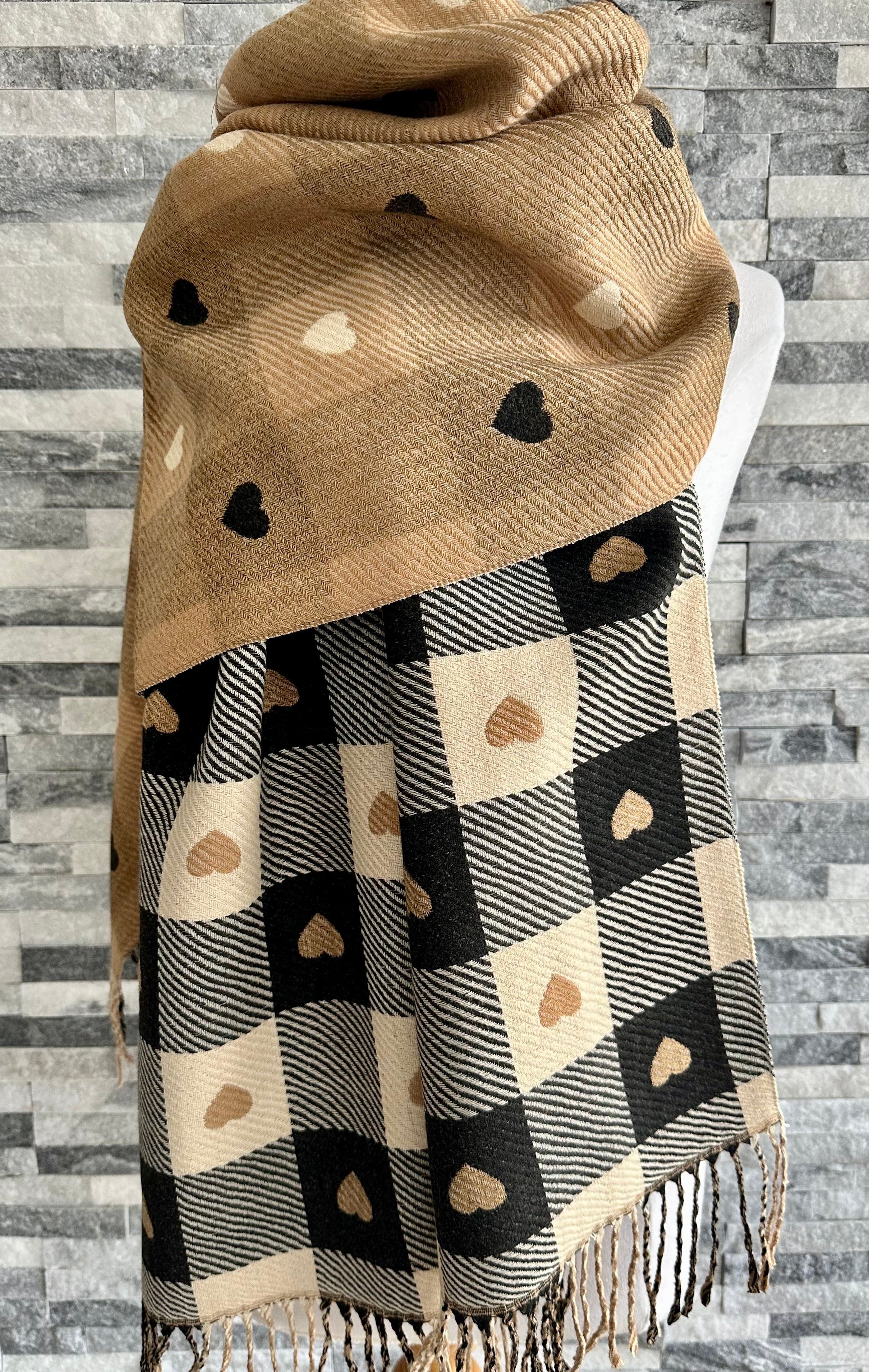 lusciousscarves Black , Cream and Beige Reversible Hearts and Checks Scarf / Wrap. Cashmere Blend .