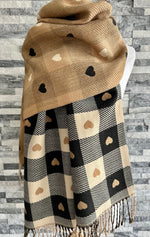Load image into Gallery viewer, lusciousscarves Black , Cream and Beige Reversible Hearts and Checks Scarf / Wrap. Cashmere Blend .
