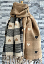 Load image into Gallery viewer, lusciousscarves Black , Cream and Beige Reversible Hearts and Checks Scarf / Wrap. Cashmere Blend .
