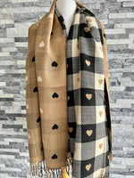 Load image into Gallery viewer, lusciousscarves Black , Cream and Beige Reversible Hearts and Checks Scarf / Wrap. Cashmere Blend .
