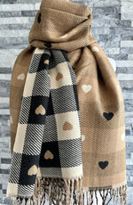 Load image into Gallery viewer, lusciousscarves Black , Cream and Beige Reversible Hearts and Checks Scarf / Wrap. Cashmere Blend .
