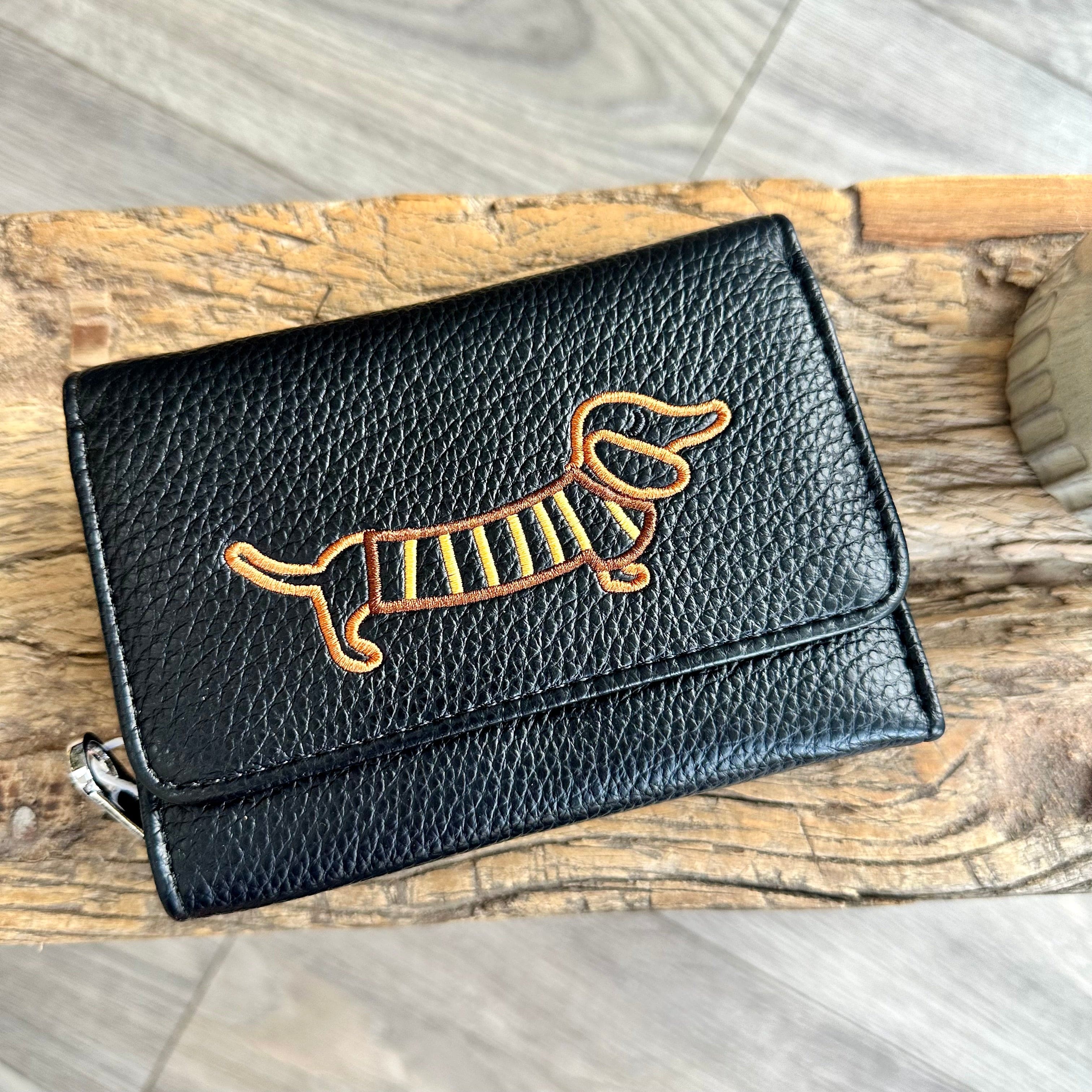 lusciousscarves Black Embroidered Sausage Dog , Dachshund Wallet Zip Purse