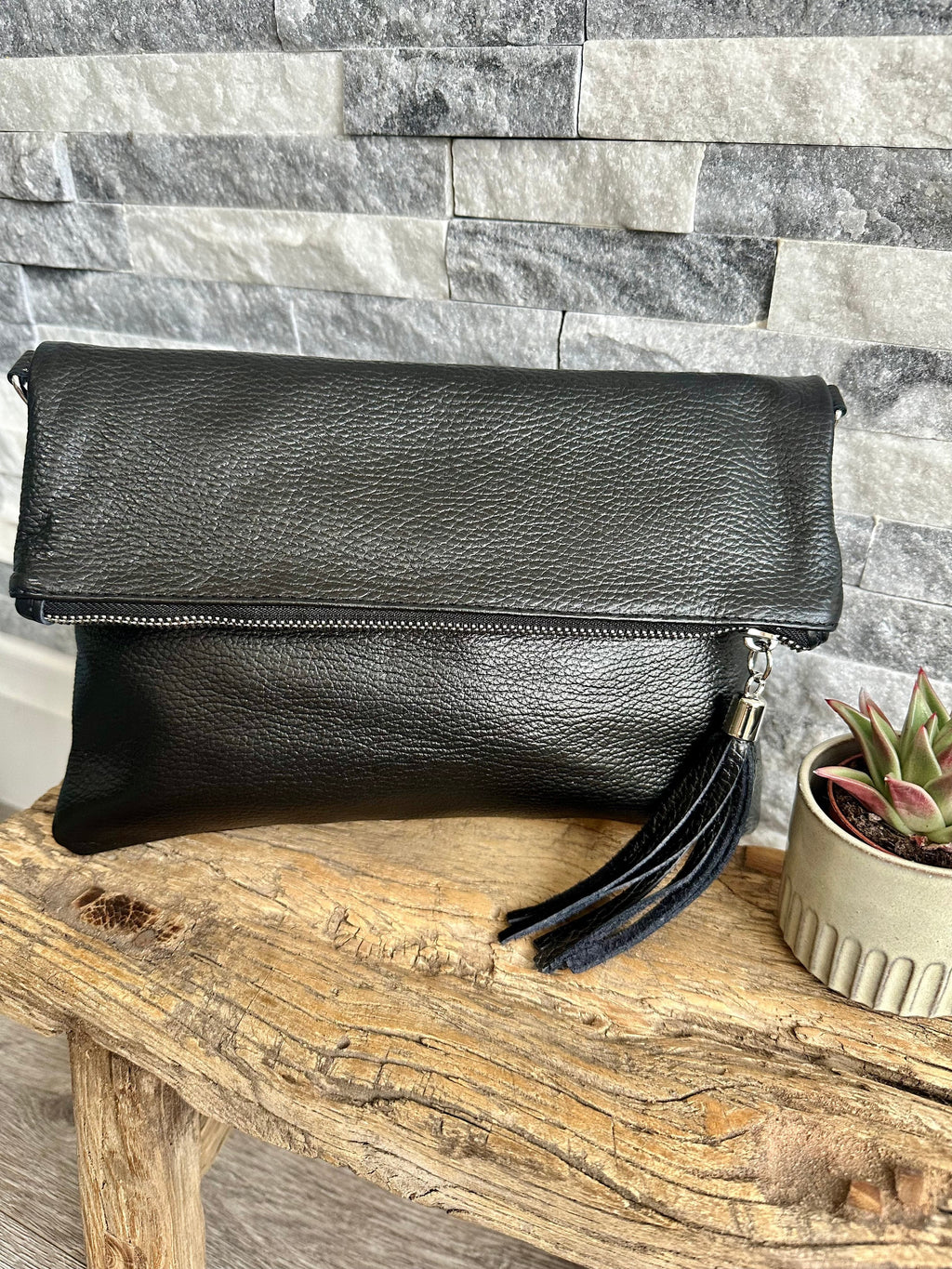 lusciousscarves Black Fold Over Italian Leather Clutch Bag