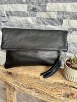 Load image into Gallery viewer, lusciousscarves Black Fold Over Italian Leather Clutch Bag
