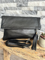 Load image into Gallery viewer, lusciousscarves Black Fold Over Italian Leather Clutch Bag

