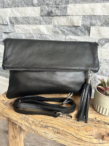 lusciousscarves Black Fold Over Italian Leather Clutch Bag
